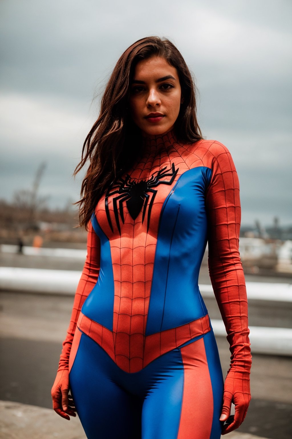 looking at viewer, ((Masterpiece), (best quality), (highly detailed)), A beautiful and captivating photo, elegantly dressed in a Spiderman costume. The composition is carefully crafted, showcasing her stunning features and the intricate details of the costume. The photo is full color, with sharp focus and natural lighting that highlights her mesmerizing presence. The subtle subsurface scattering adds a touch of depth to her flawless complexion. Shot with a f2, 35mm lens, the photo has a film grain aesthetic that adds a timeless feel to the image. The composition encompasses her full body, allowing viewers to appreciate her grace and allure.,spider-man costume,film_grain