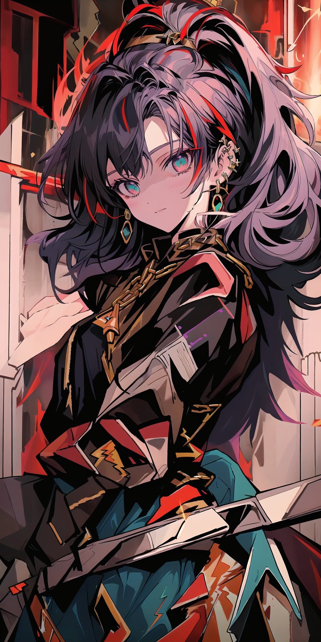  masterpiece, best quality,ultra-detailed,ultra high res,
"Chaos and Order" - This powerful being has long, dark hair with streaks of red and purple, and her yellow demon wings spread wide behind her. She wears a black dress with silver accents and a gold cross necklace. Her eyes are a piercing aqua, shining with a mix of holy and dark energy. The background is a chaotic mix of light and dark, with lightning striking and a halo shining above her head.