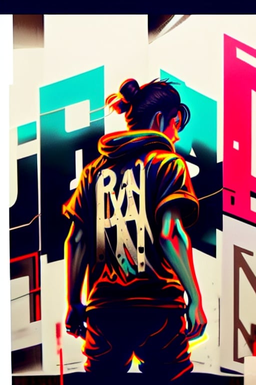 <lora:涂鸦壁纸_Graffiti-000004:1>,masterpiece,best quality,tuya, solo, 1boy, male focus, black hair, from behind, hair bun, looking back, shirt, glowing, pants, graffiti, hood