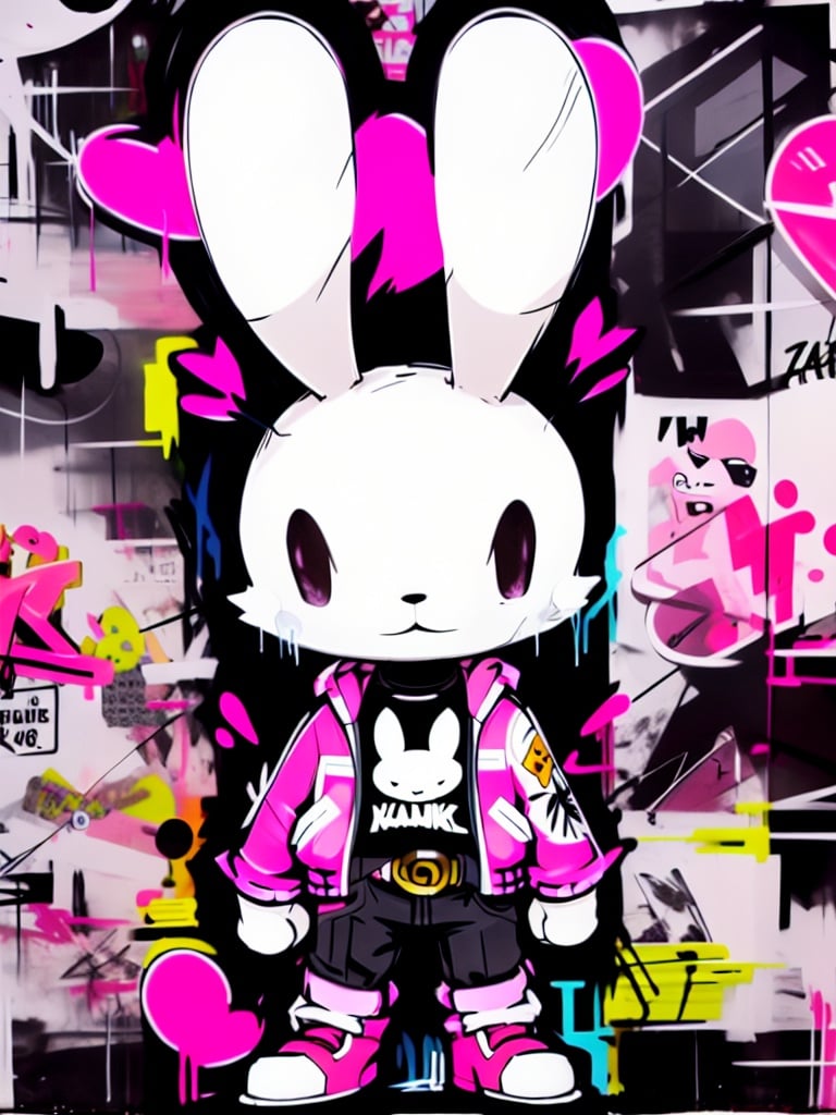 <lora:涂鸦壁纸_Graffiti-000006:0.8>,masterpiece,best quality,tuya, jacket, furry, solo, shirt, pink footwear, black shirt, shoes, standing, belt, graffiti, looking at viewer, pink jacket, pants, rabbit, open clothes, open jacket, full body, long sleeves, animal ears, closed mouth, sneakers, blush, black pants, hood, furry female, male focus, black eyes, clothes writing