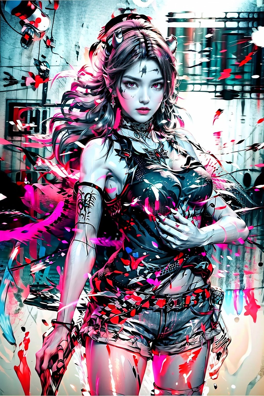 (((best))),8k,UHD,((masterpiece)),bright ,high quality,realistic,solo,Colored lead painting,1girl,beret,string,revolver,bare legs,greyscale,snow background,shorts,t-shirt,fang,aqua eyes,(glowing eyes),(splatter background),horns,Chest,leihua,jyy-hd,mds-hd