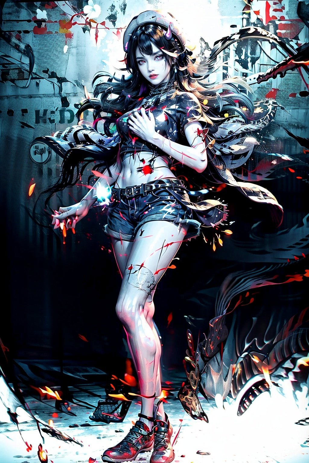 (((best))),8k,UHD,((masterpiece)),bright ,high quality,realistic,solo,Colored lead painting,1girl,beret,string,revolver,bare legs,greyscale,snow background,shorts,t-shirt,fang,aqua eyes,(glowing eyes),(splatter background),horns,Chest,leihua,jyy-hd,mds-hd