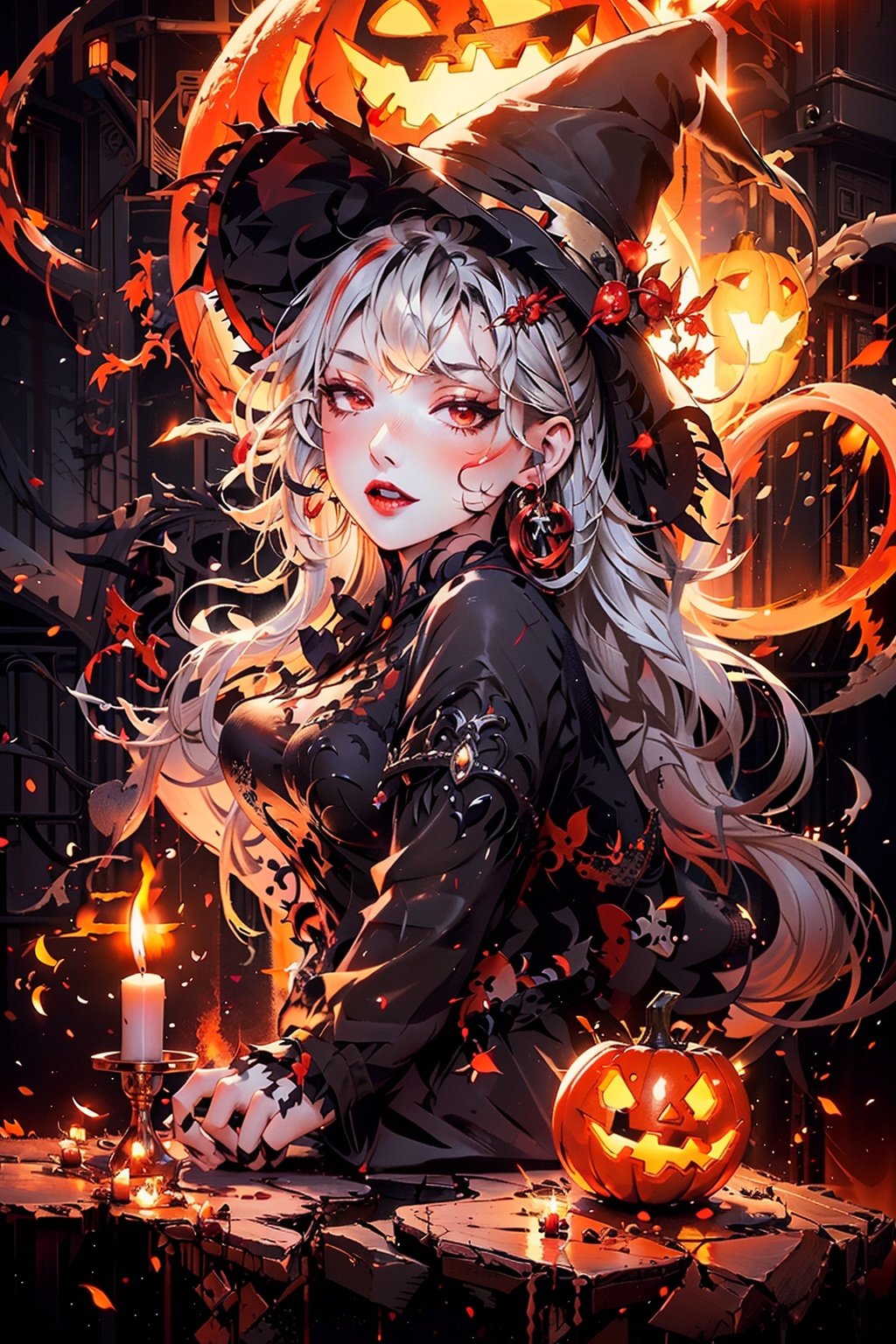  1girl,solo, photo realistic,super wide angle,evil look,eyes focus,earrings,jewelry,black hat,red eyes,face tattoo,jack-o'-lantern,pointy ears,looking at viewer,white long hair,witch hat,halloween,upper body,dress,pumpkin,white hair,black dress,breasts,black headwear,glowing,bangs,witch,thorns,castle,evening,candle,embers,black background,full moon,blood lips,medium breasts,fire,3D rendering,zichun, binmayong, yudiao, shidiao, Ink painting