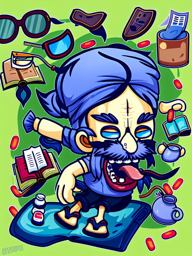 <lora:涂鸦壁纸_Graffiti-000004:1>,masterpiece,best quality,tuya, 1boy, solo, hat, male focus, tongue, facial hair, grey hair, book, sandals, chibi, blue eyes, glasses, halo, braid, smoke, tongue out, pill, beard, watermark, bottle, open mouth, scar, web address