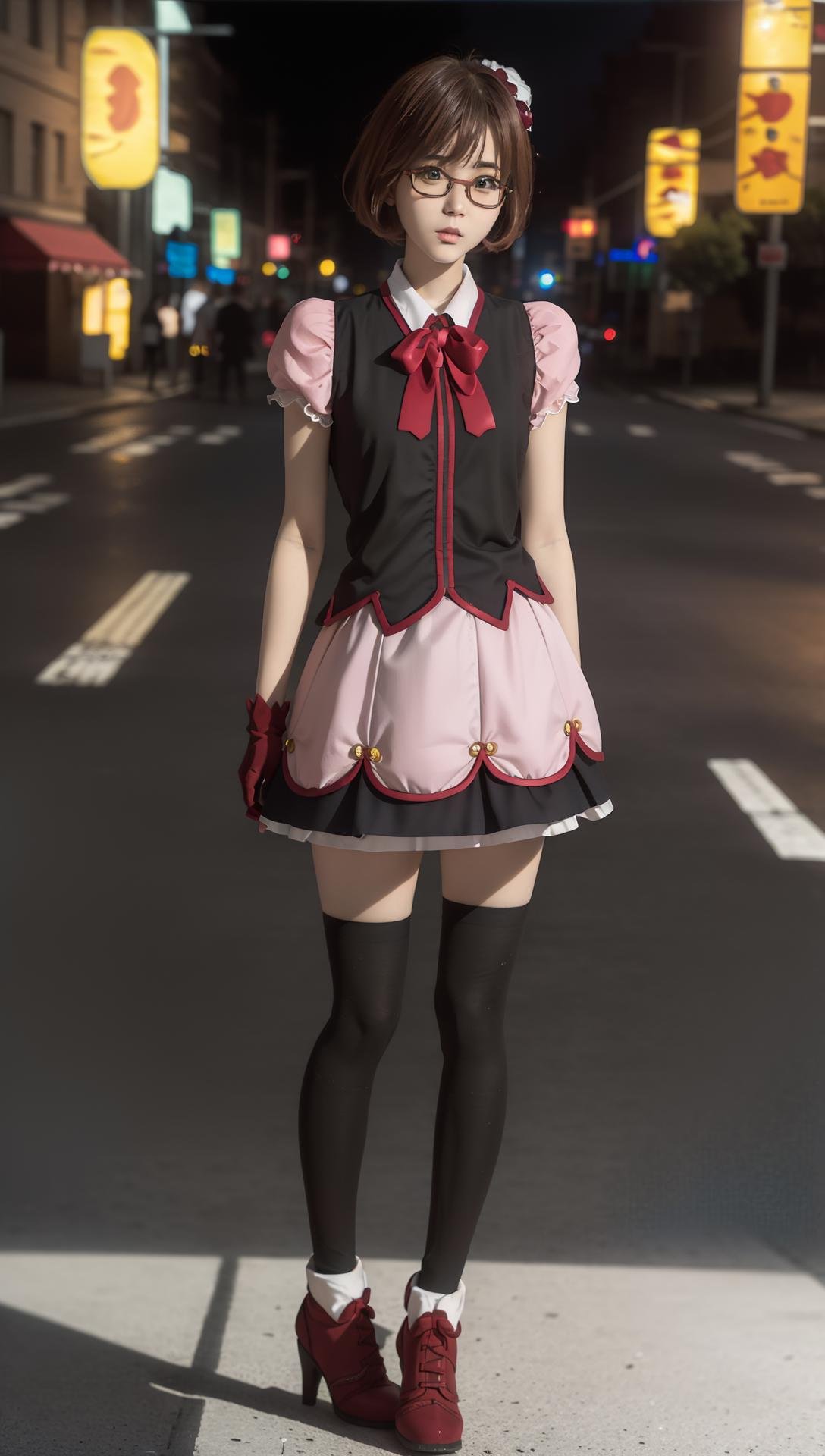 (8k, RAW photo, best quality, masterpiece:1.2), (realistic, photo-realistic:1.37), ultra highres, depth of field, chromatic aberration, caustics, Broad lighting, natural shading,Fujifilm XT3,masterpiece,ultra detailed,idol clothes,1girl, solo, standing, looking at viewer,crosswalk,full body,<lora:Kuriyama Mirai idol clothes summer clothes:0.9>