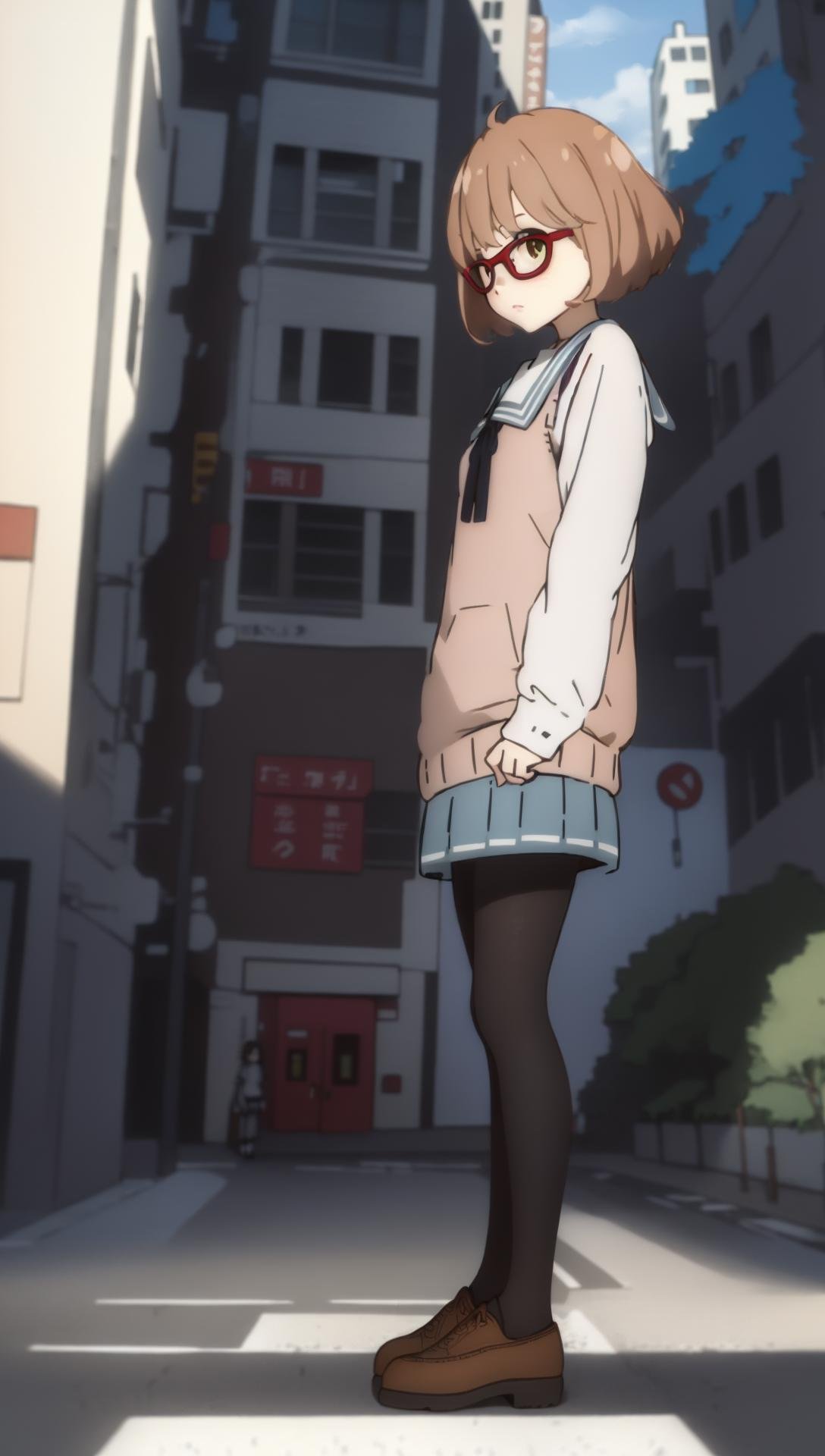 ((((ultra illustrated style:1.0)))),best quality,best animated,masterpiece,ray tracing, global illumination,summer clothes,1girl, solo, standing, looking at viewer,crosswalk,skyscrapers, full body,  <lora:Kuriyama Mirai idol clothes summer clothes:1>