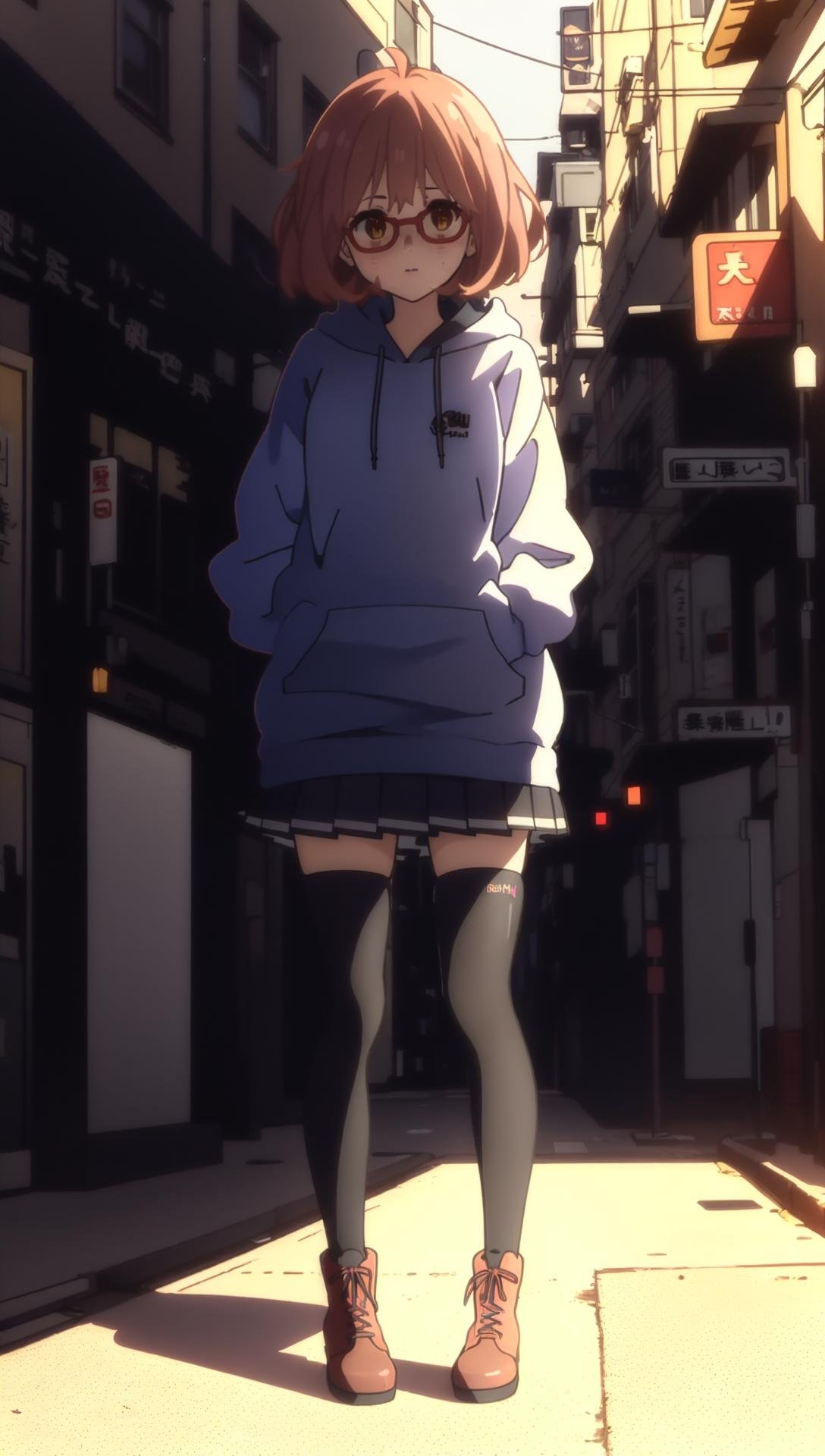 ((((ultra illustrated style:1.0)))),best quality,best animated,masterpiece,ray tracing, global illumination,Kuriyama Mirai,1girl, solo,full body,hoodie,pleated skirt,zettai ryouiki,boots, shy,city, street,building, <lora:Kuriyama Mirai harem outfit Winter clothes scarf track suit:0.9>