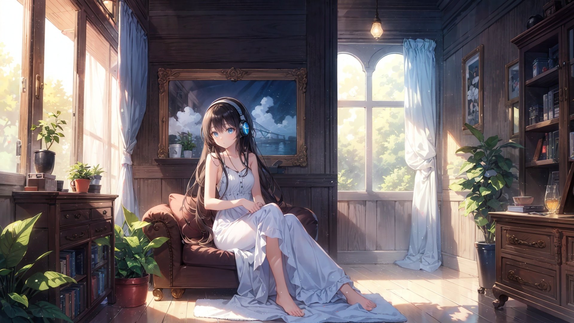 extremely delicate and beautiful,  depth of field, amazing, masterpiece, growth, visual impact,  ultra-detailed,  1girl,  long_hair,  window,  book,  pillow,  barefoot,  solo,  plant,  very_long_hair,  indoors,  potted_plant,  headphones,  cup,  gorgeous, fantasism, nature, refined rendering, original, contour deepening, high-key and low-variance brightness scale, soft light, light and dark interlaced