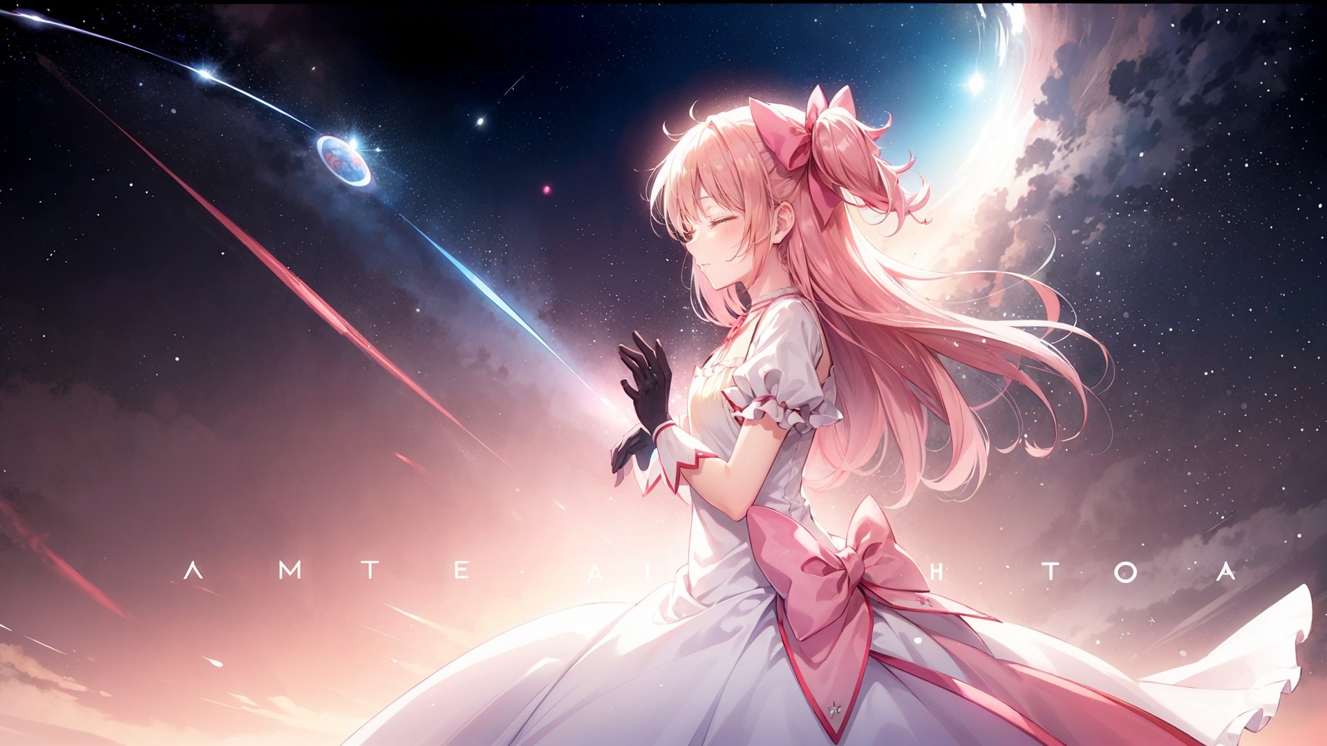 1girl,  (ultimate madoka,  solo),  ((pink hair)),  long hair,  gloves,  dress,  two side up,  (wide shot,  panorama,  distant view),  blonde practicle,  closed eyes,  holy light,  (from side),  [English text],  (in the universe,  planets)