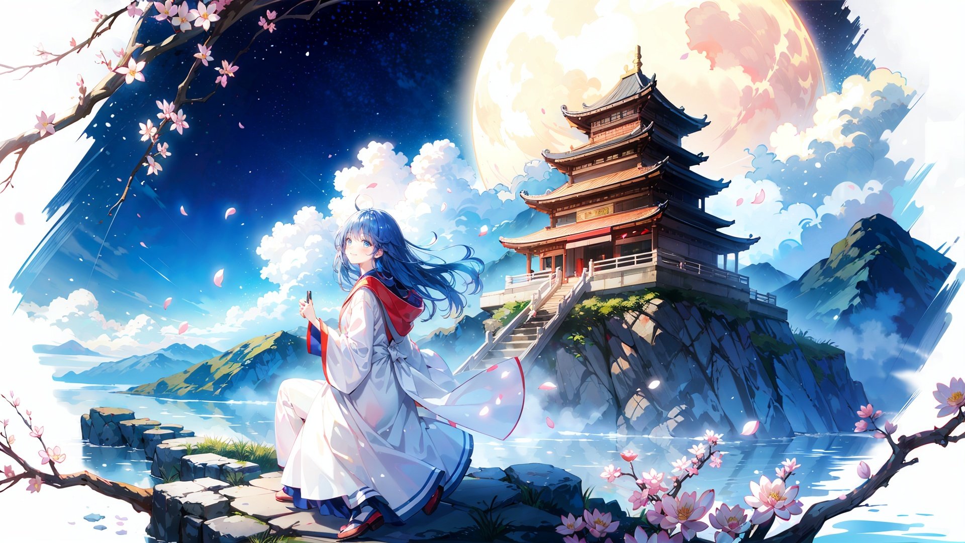 (1girl,  blue hair,  blue eyes,  blush,  long hair,  smile, happy), (from side),  (looking up:1.2),  floating sakura petals,  white robe,  hood,  night,  star sky,  beautiful scenery,  Lean against, full moon, (panorama,  wide shot,  distant view), (full body), ( ink painting,  ink splashes,  ink wash), cloudy, cirrocumulus, mountains, lake, Chinese style architecture, (Yellow Crane Tower), chinese_trees, branch, (plum blossom), (lotus), petals