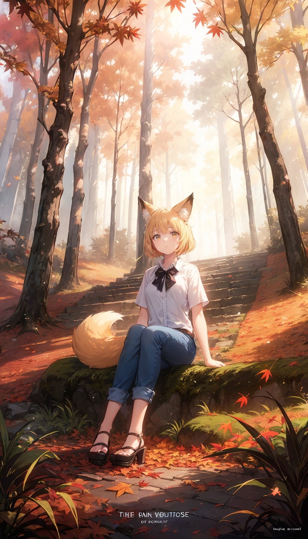  1girl, solo, looking at viewer, sitting, fox ears, full body, strappy heels,plaid shirt, short sleeves, (jeans), bow, bangs, low ponytail, blonde hair fox tail, fox girl, kitsune, ((autumn, outdoors, day, forest, falling leaves, bird, leaf)), (fog, dyntall effect), (wide shot, panorama, full body, depth of field),(movie poster,english text),(Flagstone road,branches)
