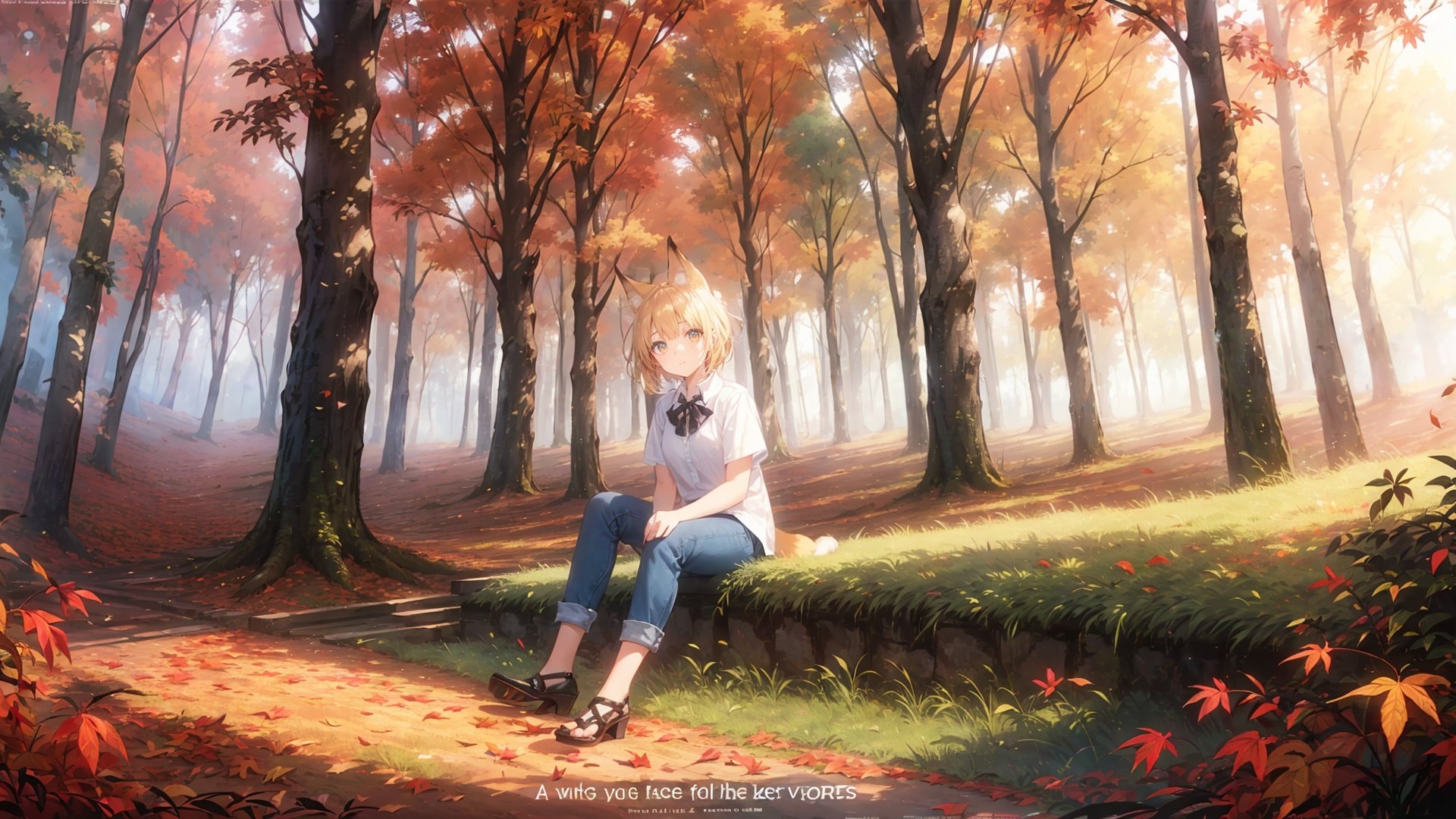  1girl, solo, looking at viewer, sitting, fox ears, full body, strappy heels,plaid shirt, short sleeves, (jeans), bow, bangs, low ponytail, blonde hair fox tail, fox girl, kitsune, ((autumn, outdoors, day, forest, falling leaves, bird, leaf)), (fog, dyntall effect), (wide shot, panorama, full body, depth of field),(movie poster,english text),(Flagstone road,branches)
