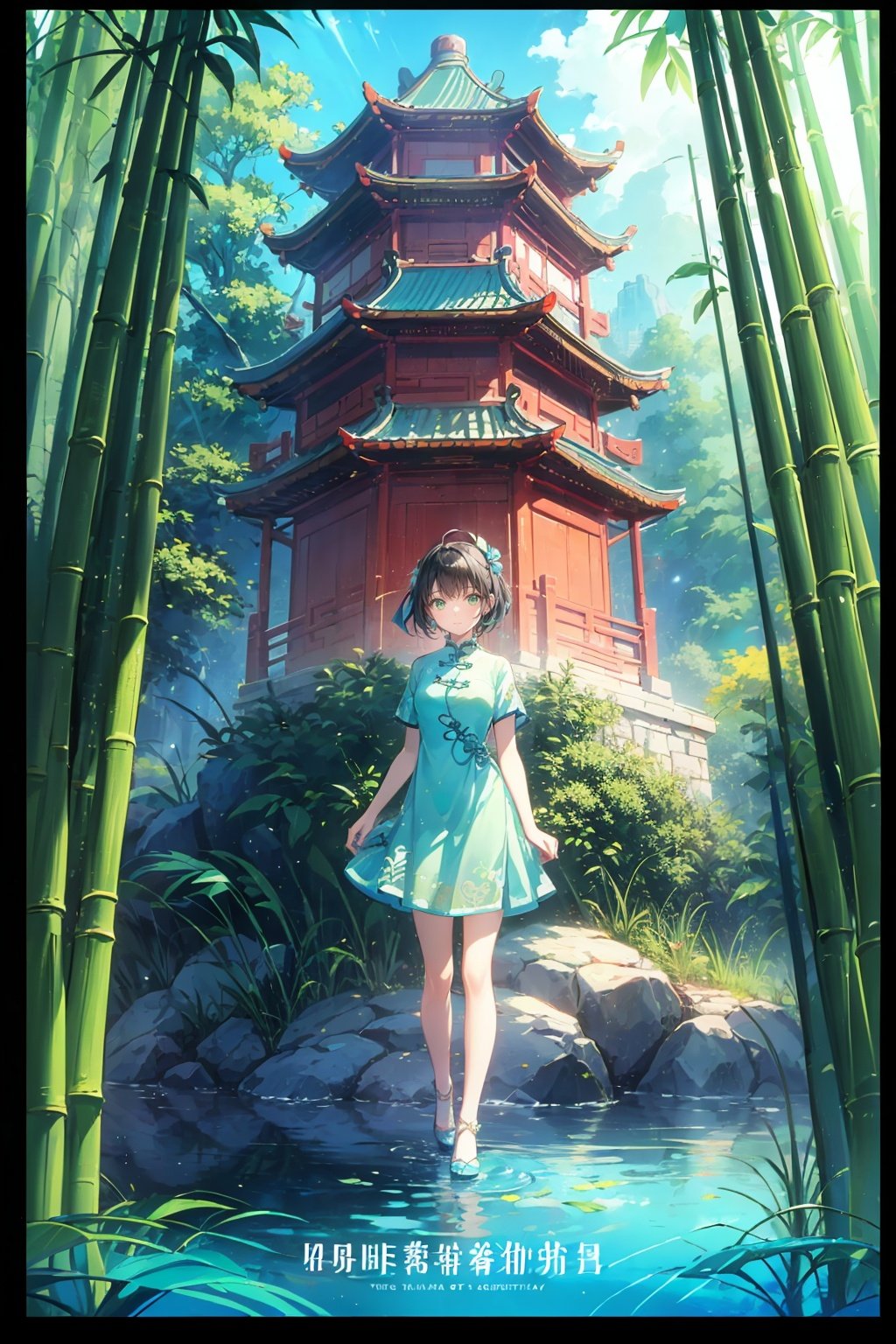 (( Chinese style architecture)), (short sleeves), ((lotus,river,aqua_china_dress)),((spotted light,bamboos)),(black hair, short hair),(green eyes),(movie poster),(dew on leaves),(full body,wide shot,depth of field,panorama,mid shot)