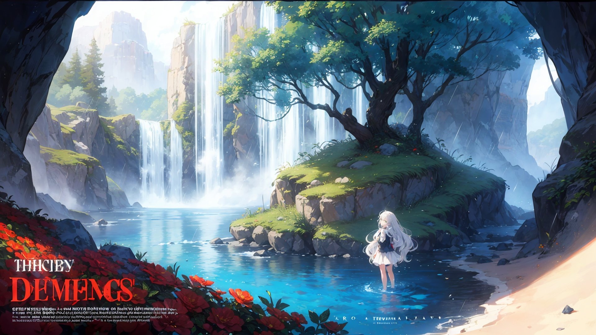  red flowers,(rainy, waterfall),(1girl, loli,cute,white hair, long hair, wavy hair,smile, green eyes,arms behind back,looking at the viewer),solo,(full body), (wide shot, panorama,depth of field), mid shot, inside,cave, a big blue pond,rocks, stone ,column, dreamy,fog,(movie poster,english text)

