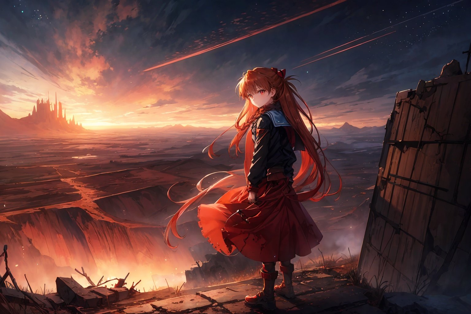 Asuka Langley,post apocalyptic,dystopian,desolate,abandoned,fantasy,science fiction,flowing red hair,long braid,looking to horizon,broken landscape,cratered earth,