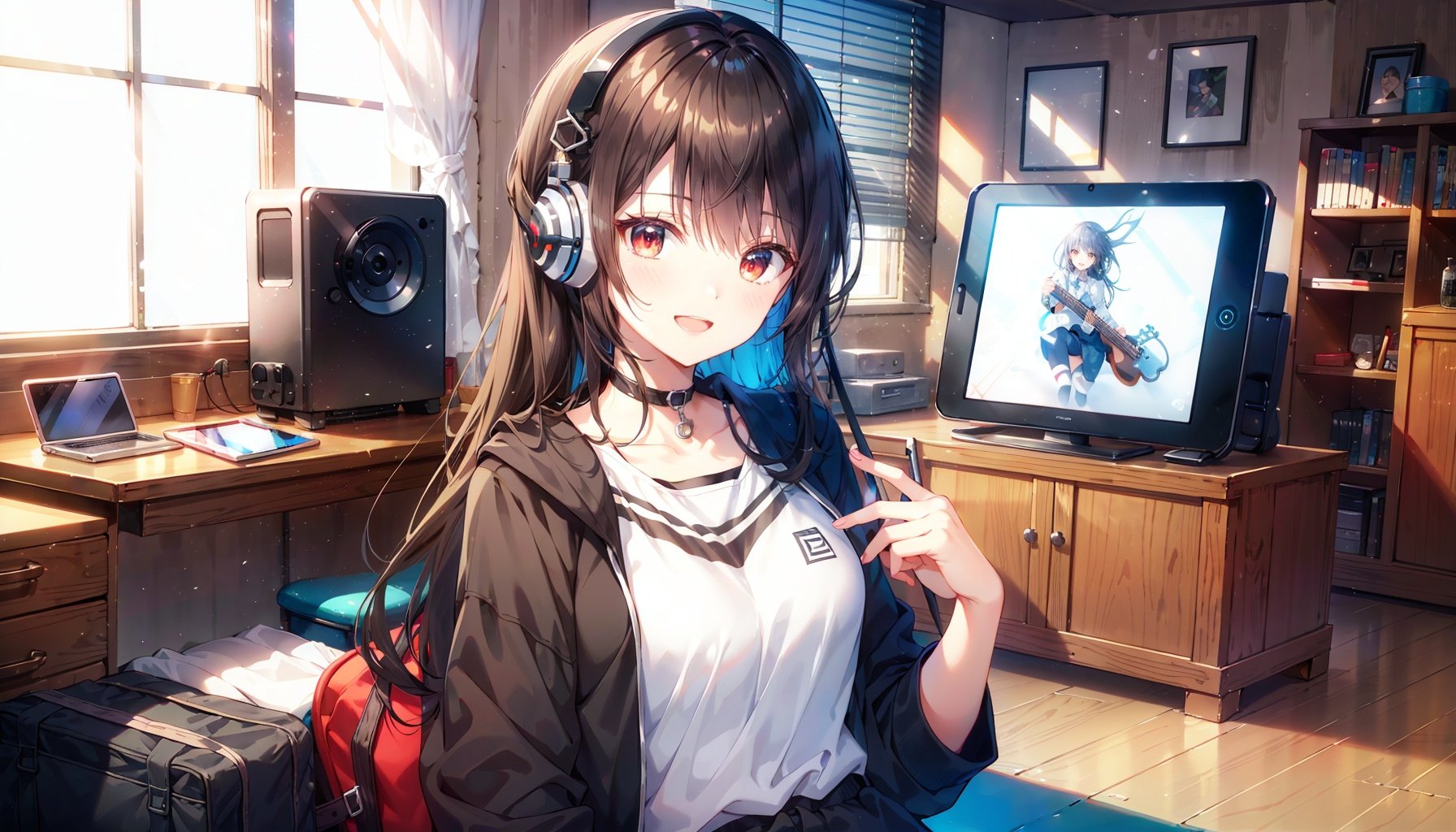 1girl,  solo,  Sitting,  sitting_down,  smile,  ,  illustration,  masterpiece,  best quality,  beautiful face,  young girl,  long_hair,  black_hair,  detailed eyes,  red eyes,  (upper body),  cowboy shot,  clear room,  (guitar case),  (headphones,  tablet pc),  ((computer,  game console,  box,  chair,  toy)),  ((Play electric guitar)),  (baggy clothes:1.4),  light through window,  (full body),  ,  ,  , white thighhighs , hikaru_r_gohouka