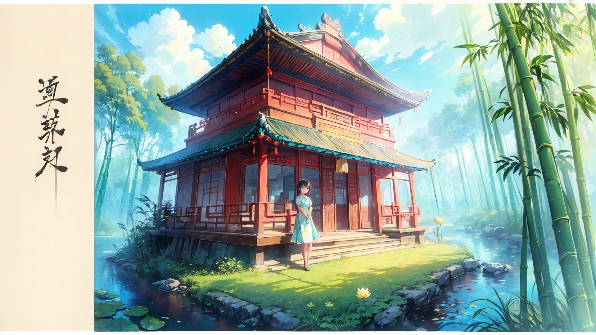  (( Chinese style architecture)), (short sleeves), ((lotus,river,aqua_china_dress)),((spotted light,bamboos)),(1girl,black hair, short hair),(green eyes),(movie poster),(dew on leaves),(full body,wide shot,depth of field,panorama,mid shot)