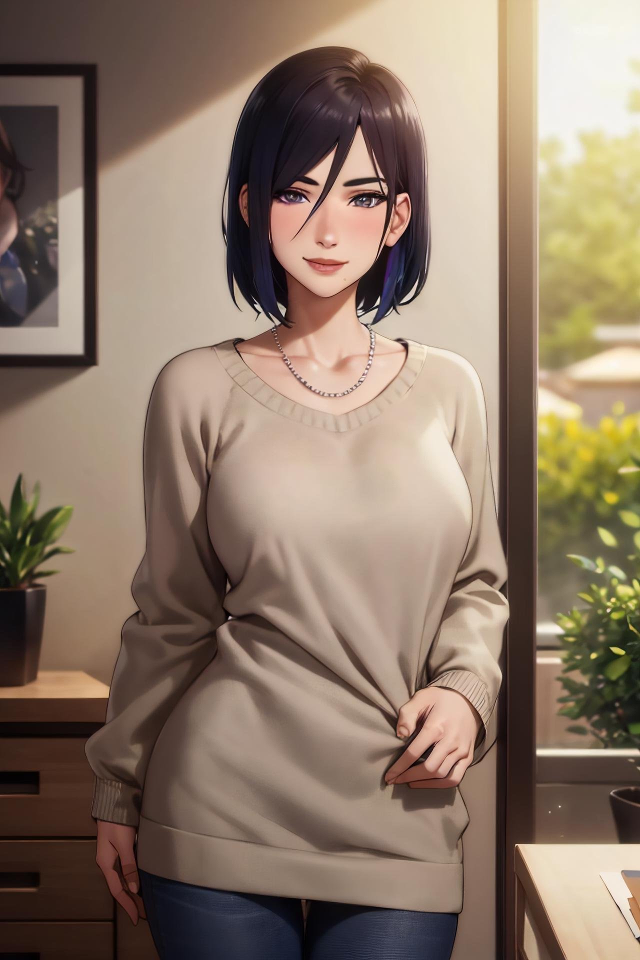 masterpiece, (best quality), 1girl, izumi_nase,  black hair, short hair, purple eyes, jewelry,pearl necklace, sweater,casual clothes, mature female, sexy woman, mole under mouth, smile, blush,perfect proportions, vibrant colors ,natural lighting  ,RTX,  , beautiful, (detailed face:1.2),  showcase, (perfect eyes:1.1) ,(photorealistic:1.1), 8k uhd,  looking a viewer, indoors,  simple backround,  