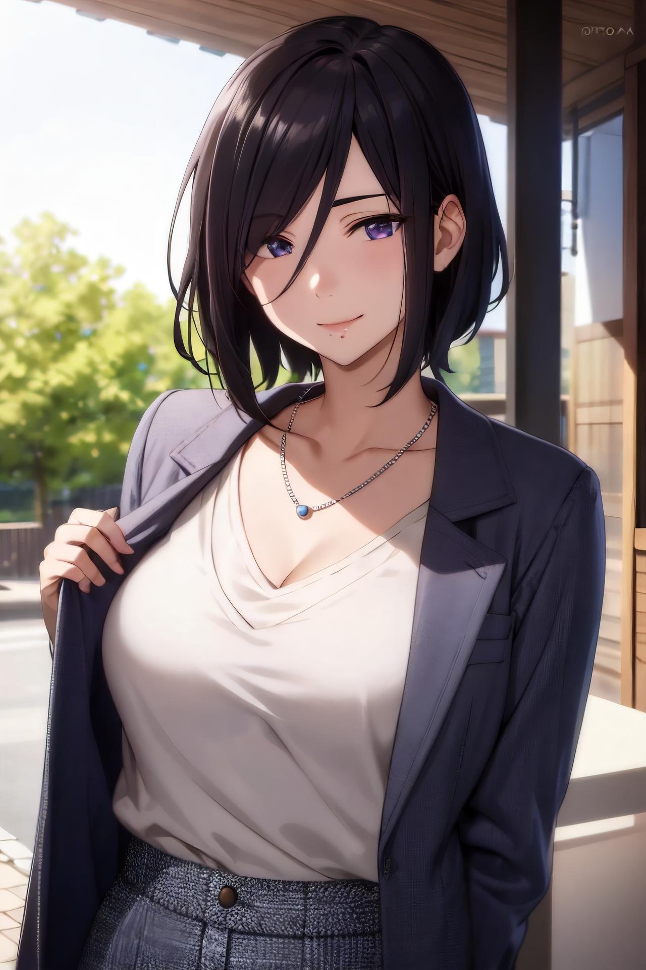 masterpiece, (best quality), 1woman,1girl, izumi_nase,  black hair, short hair, purple eyes, jewelry,pearl necklace, jacket, white shirt, sexy woman, mole under mouth, smile, blush,perfect proportions, vibrant colors ,natural lighting  ,RTX,  , beautiful, (detailed face:1.2), breasts, showcase, (perfect eyes:1.1) ,(photorealistic:1.1), 8k uhd,  looking a viewer, outdoors,  simple backround, (perfect fingers)