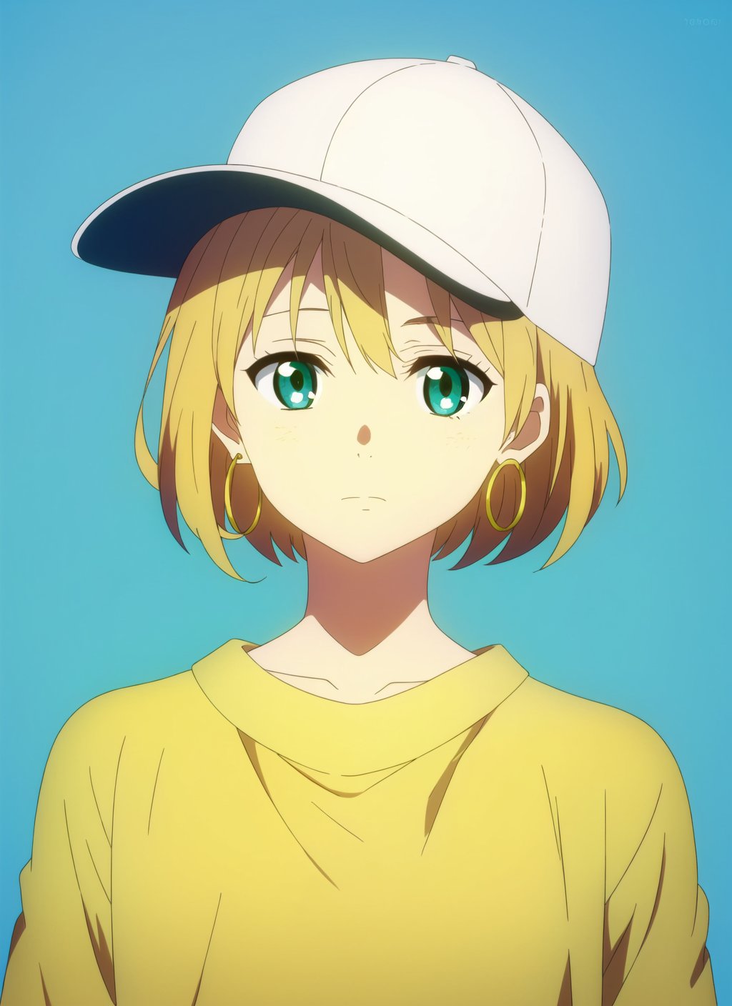 kyoukai no kanata <lora:kyoukai_no_kanata_offset:1>, masterpiece, best quality, 1girl, aqua eyes, baseball cap, blonde hair, closed mouth, earrings, green background, hat, hoop earrings, jewelry, looking at viewer, shirt, short hair, simple background, solo, upper body, yellow shirt