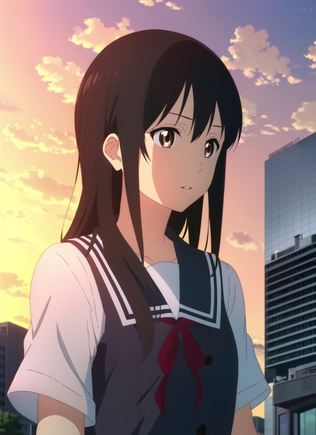 kyoukai no kanata <lora:kyoukai_no_kanata_offset:1>, masterpiece, best quality, 1girl, solo, school uniform, black hair, long hair, brown eyes, serafuku, anime coloring, ribbon, cloud, building, sky, outdoors, upper body, red ribbon, short sleeves, sunset, parted lips