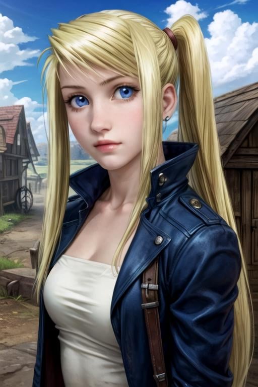 masterpiece, best quality, , 1girl, solo, looking at viewer, upper body, , , realistic, <lora:winry_rockbell:0.70>, winry_rockbell, blonde hair, blue eyes, , , steampunk,