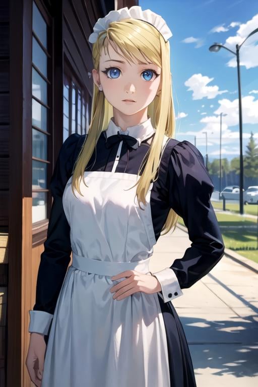 masterpiece, best quality, photorealistic, 1girl, solo, looking at viewer, , , , realistic, <lora:winry_rockbell:0.72>, winry_rockbell, blonde hair, blue eyes, , maid costume, atompunk, HDR