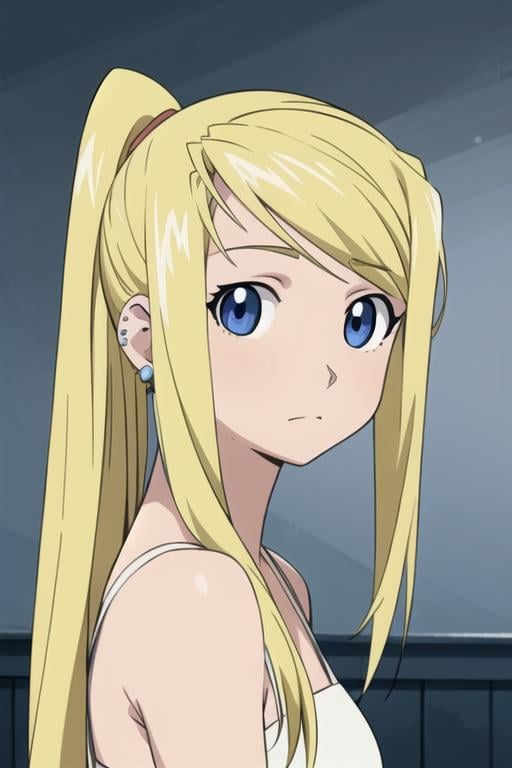 masterpiece, best quality, , 1girl, solo, looking at viewer, upper body, depth of field, anime coloring, , <lora:winry_rockbell:0.74>, winry_rockbell, blonde hair, blue eyes, ponytail, , , ,