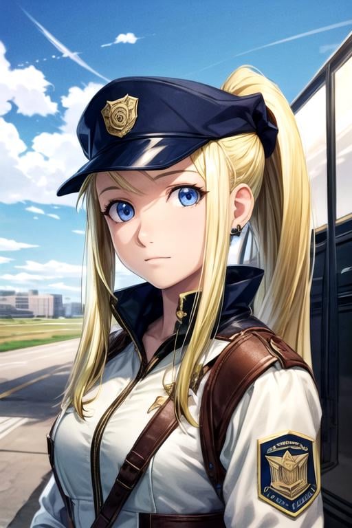 masterpiece, best quality, illustration, 1girl, solo, looking at viewer, upper body, , , , <lora:winry_rockbell:0.74>, winry_rockbell, blonde hair, blue eyes, ponytail, police officer costume, airfield, 2k resolution