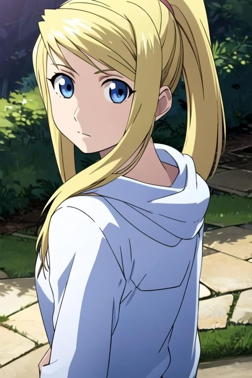 masterpiece, best quality, , 1girl, solo, looking at viewer, upper body, , , , <lora:winry_rockbell:0.68>, winry_rockbell, blonde hair, blue eyes, ponytail