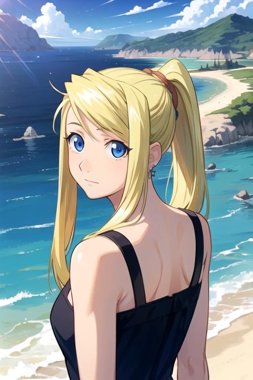 masterpiece, best quality, , 1girl, solo, looking at viewer, upper body, , , realistic, <lora:winry_rockbell:0.70>, winry_rockbell, blonde hair, blue eyes, ponytail, , , The Island of Dreams: A place where all your deepest desires come true,