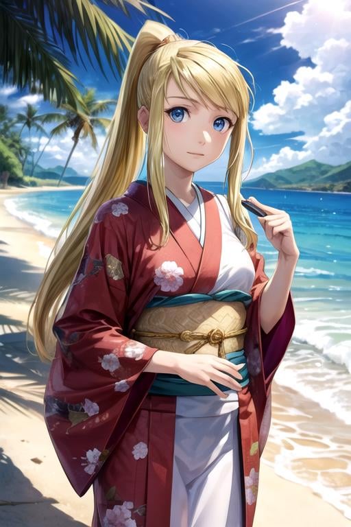 masterpiece, best quality, wallpaper, 1girl, solo, looking at viewer, , , ligne claire, , <lora:winry_rockbell:0.70>, winry_rockbell, blonde hair, blue eyes, ponytail, japanese costume, A tropical paradise where the sun shines brightly every day,