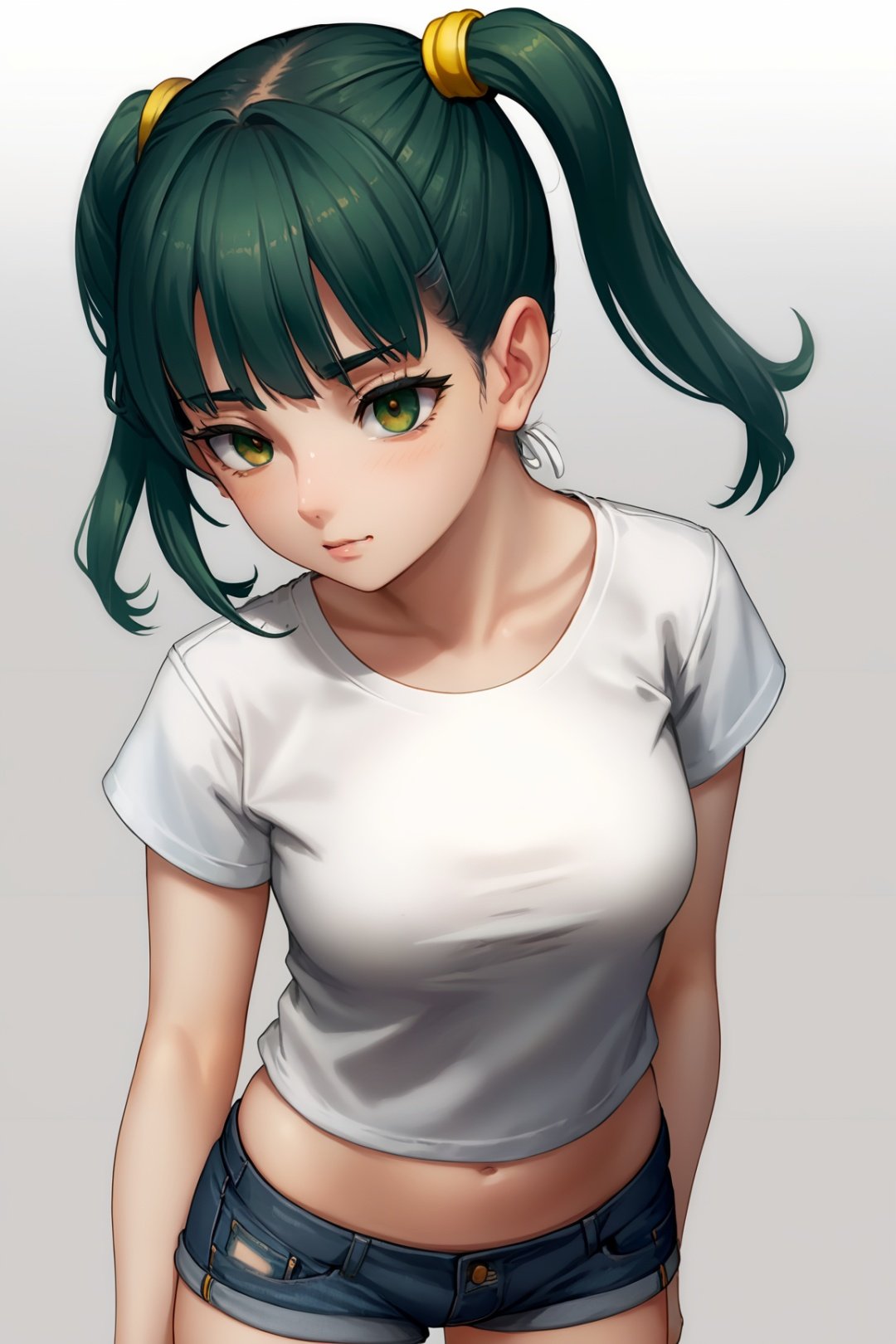 1girl, ass, ass_support, golden_eyes, dark_green_hair, blush, breasts, eyebrows_visible_through_hair, from_above, grey_background, denim_shorts, white t-shirt, looking_at_viewer, long_twintails, simple_background, skin_tight, solo, thigh_gap, 1girl, teen girls, navel, (lending_forward:1.4), as109,