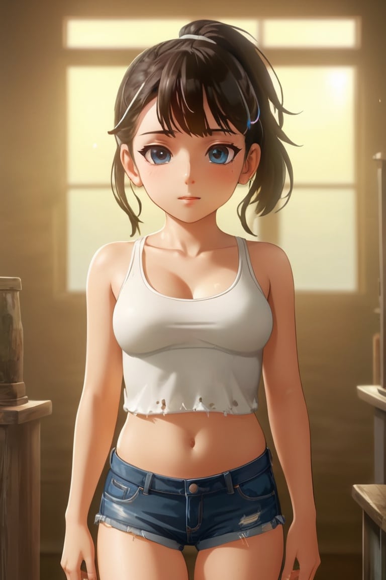 (Realistic 2d Anime CG, realism, real, cowboy shot), Extremely detailed 8K, Beautiful girl with slender body, (Ultra HD, Ultra-detailed, Highly detailed, Highly realistic, Ultra-realistic, photograph realistic), (1lady:1.5), (Realistic dark hair), short wavy hair, long_hair, long twintails, (dynamic poses), facing at camera, light smile, (beautiful detailed face, beautiful detailed eyes), wide hips, (large breasts: 1.2), (huge breasts: 1.2), earrings, (white tank top, thin material), cleavage, denim_shorts, see_through, Covered navel, glow, sweat,loli,as109