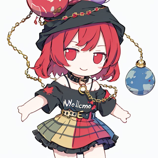  chibi, masterpiece, best quality, ,1girl,polos crown,red hair,short hair,red eyes,chain,collar,off shoulder shirt,clothes writing,belt,multicolored skirt,plaid skirt,miniskirt, moon (ornament), earth (ornament),grey background, smile
