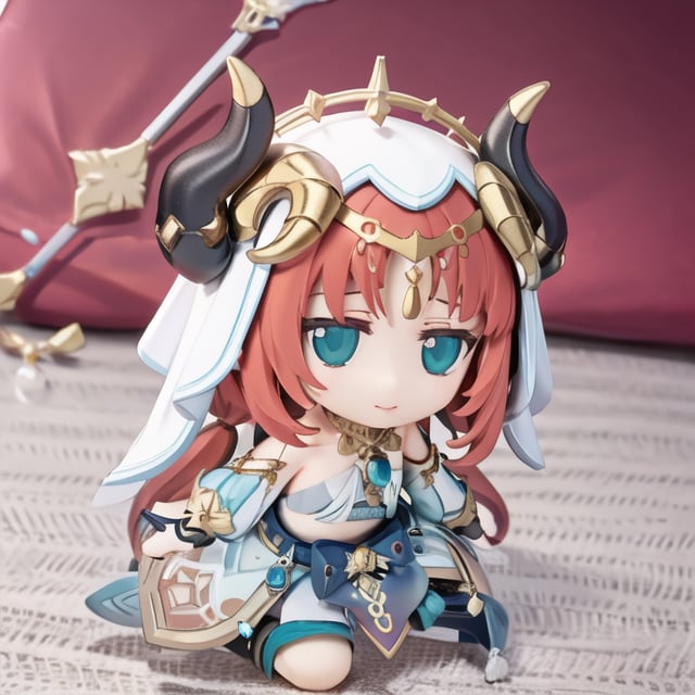  chibi, masterpiece, best quality, ,nilou \(genshin impact\), horns,red hair,long hair,twintails,veil,aqua eyes,harem outfit,neck ring,jewelry,bare shoulders,long sleeves,crop top,brooch, bracer, gold trim,blue skirt,circlet,vision \(genshin impact\), 
,chibi