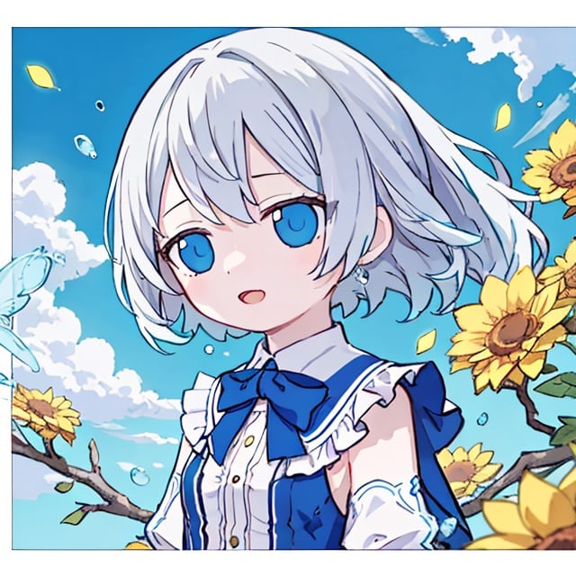 chibi, super fine illustration,masterpiece, best quality,{beautiful detailed eyes},1girl,finely detail,Depth of field, 4k wallpaper,bluesky,cumulus,wind,insanely detailed frills,extremely detailed lace,BLUE SKY,very long hair,Slightly open mouth,high ponytail,silver hair,small Breasts,cumulonimbus capillatus,slender waist,There are many scattered luminous petals,Hidden in the light yellow flowers,Depth of field,She bowed her head in frustration,Many flying drops of water,Upper body exposed,Many scattered leaves,branch ,angle ,contour deepening,cinematic angle ,{{{Classic decorative border}}}