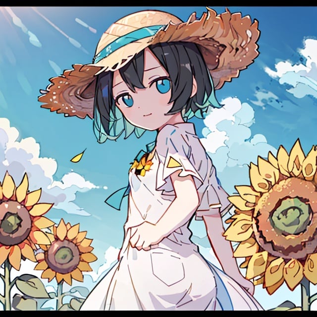 chibi, ((Girl in straw hat looking back in a field of sunflowers)), (backlight), (best illumination, best shadow, an extremely delicate and beautiful), Girl on the center axis of the picture, small breasts, ((Sunflowers with the ultimate in detail)), beautiful detailed sky, Perfect body, (beautiful detailed face), extremely delicate and beautiful girls, Sunflower fields at sunset, sunset, black hair, beautiful detailed cloud, (((extremely detailed CG unity 8k wallpaper, masterpiece, best quality, ultra-detailed))), dynamic angle, floating, finely detail, (bloom), (shine), glinting stars, feather,nature,(sunlight), fairyland, (((The character is in the center of the frame)))