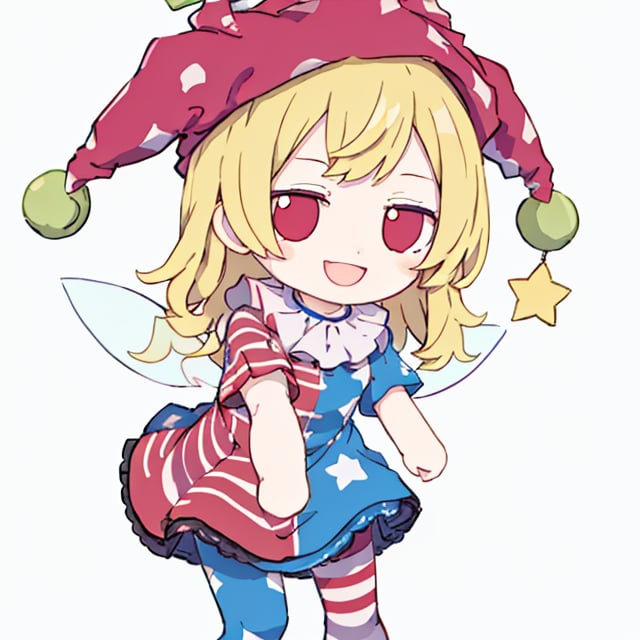  chibi, masterpiece, best quality, ,1girl,jester cap. polka dot,long hair,blonde hair, red eyes,neck ruff, striped dress,star (symbol),star print,short sleeves, pantyhose, american flag dress,short dress, fairy wings,grey background, open mouth, smile,
