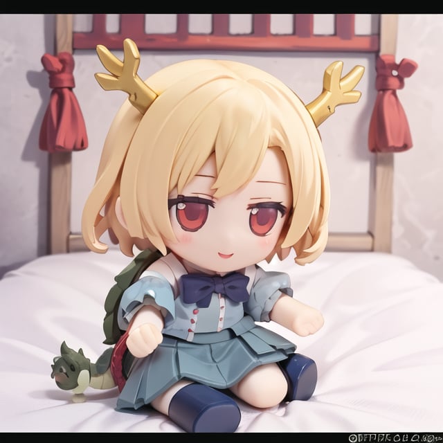  chibi, masterpiece, best quality,:),kicchou yachie,1girl, dragon horns,blonde hair, short hair,red eyes,ribbon,short sleeves,blue shirt,blue skirt,turtle shell, dragon tail,dragon girl, pleated skirt,
,chibi