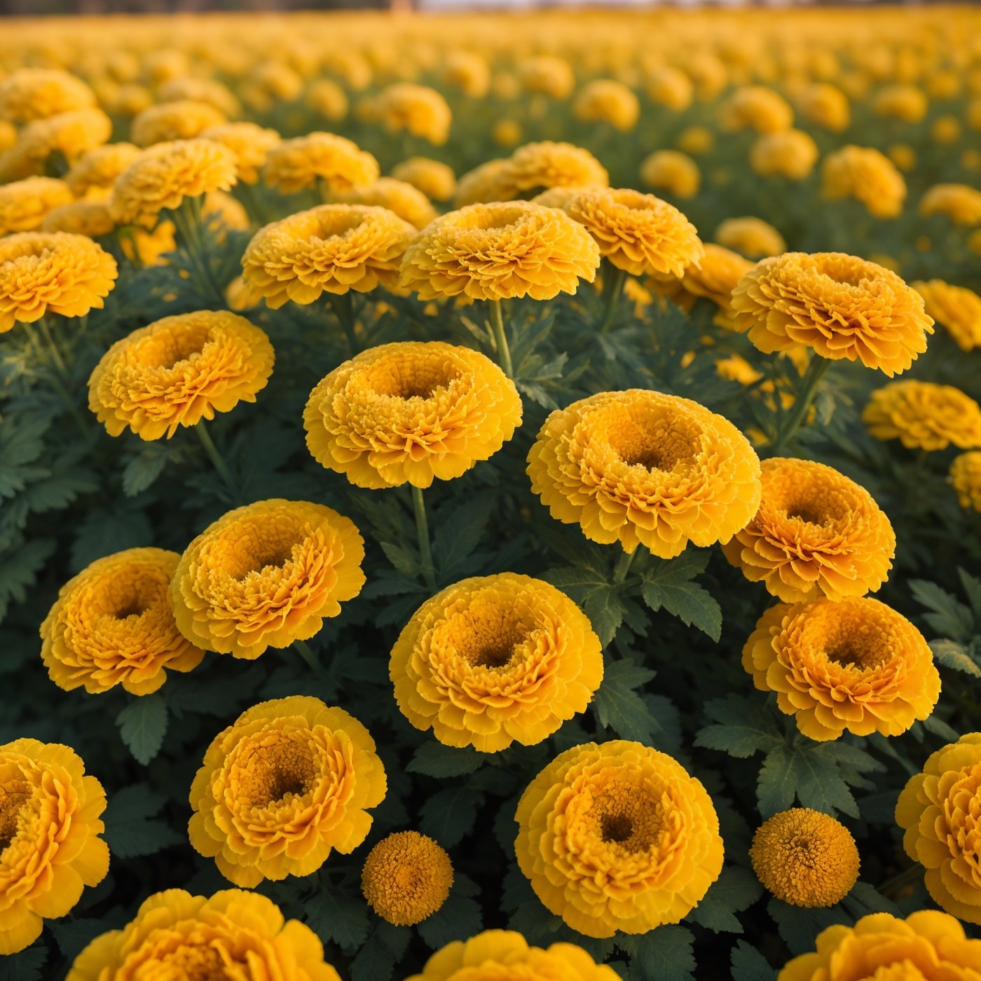 A mesmerizing 8K photograph of a cluster of marigolds, bathed in soft, (warm, golden) light. The camera's lens captures the (sublime, natural) beauty of these marigolds, showcasing their vibrant colors and intricate details in a (captivating, picturesque) composition.