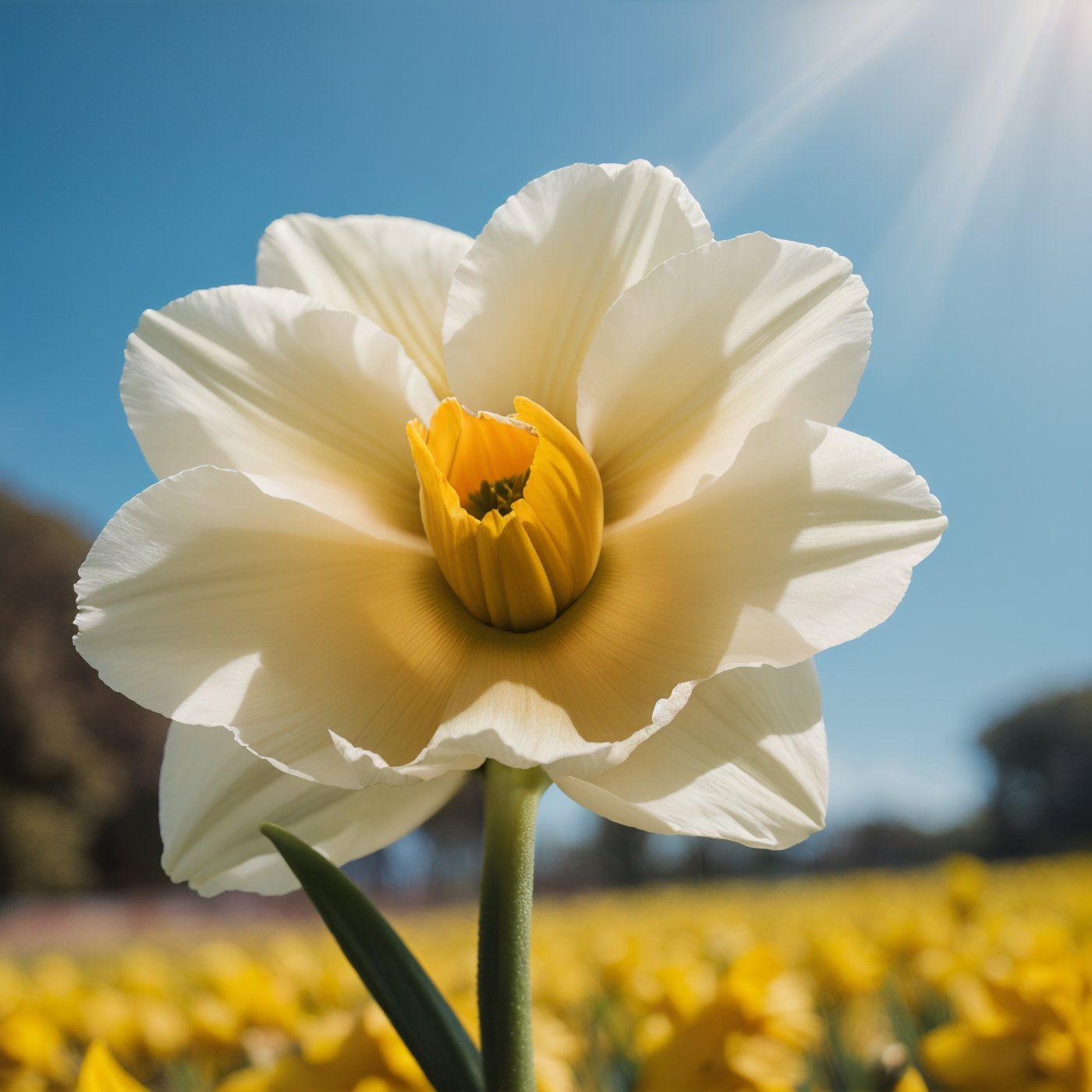 (best quality,8K,highres,masterpiece), ultra-detailed, (photo-realistic, lifelike) photography showcasing the vibrant beauty of a Daffodil in full bloom. The intricate details of its petals and the play of natural light make this photograph a true masterpiece of floral photography.