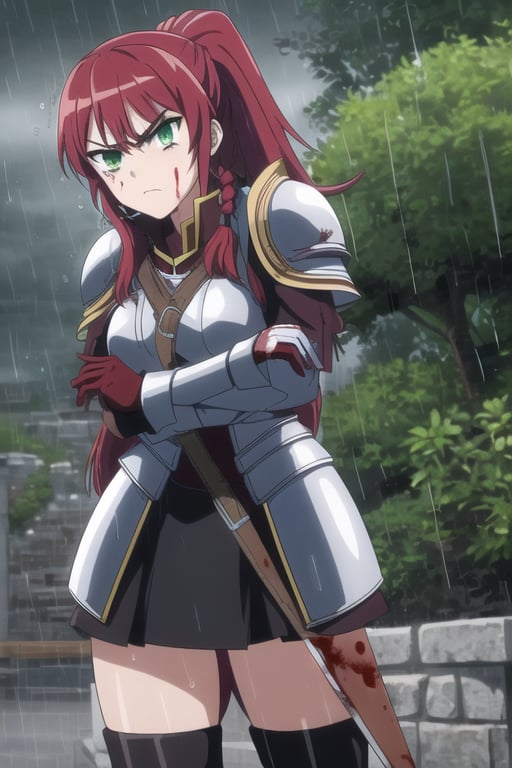 ((masterpiece, best quality)), 1girl, solo, red hair, (armor),long pony tail, pose, miniskirt, thighboots, outdoors, woods, green eyes, breasts, thighs, Big sword, rain, wet, ((wounds, blood)), angry, closed mouth 