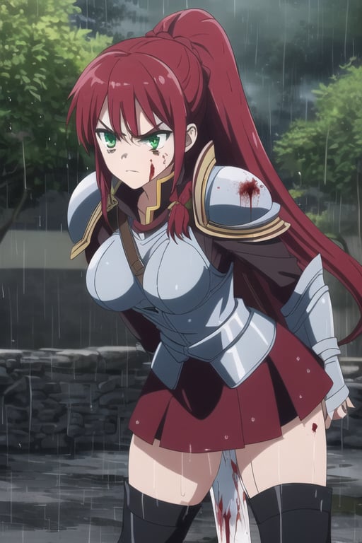 ((masterpiece, best quality)), 1girl, solo, red hair, (armor),long pony tail, pose, miniskirt, thighboots, outdoors, woods, green eyes, breasts, thighs, Big sword, rain, wet, ((wounds, blood)), angry, closed mouth 