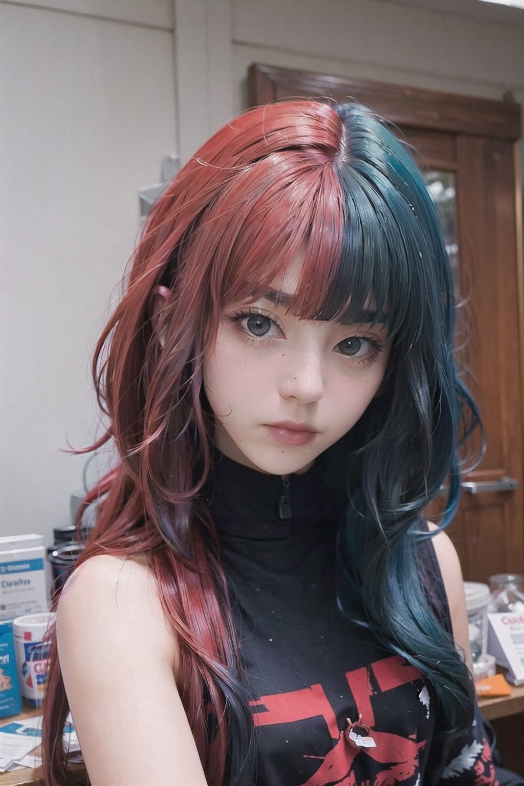 1girl, half colors, red hair, blue hair, 