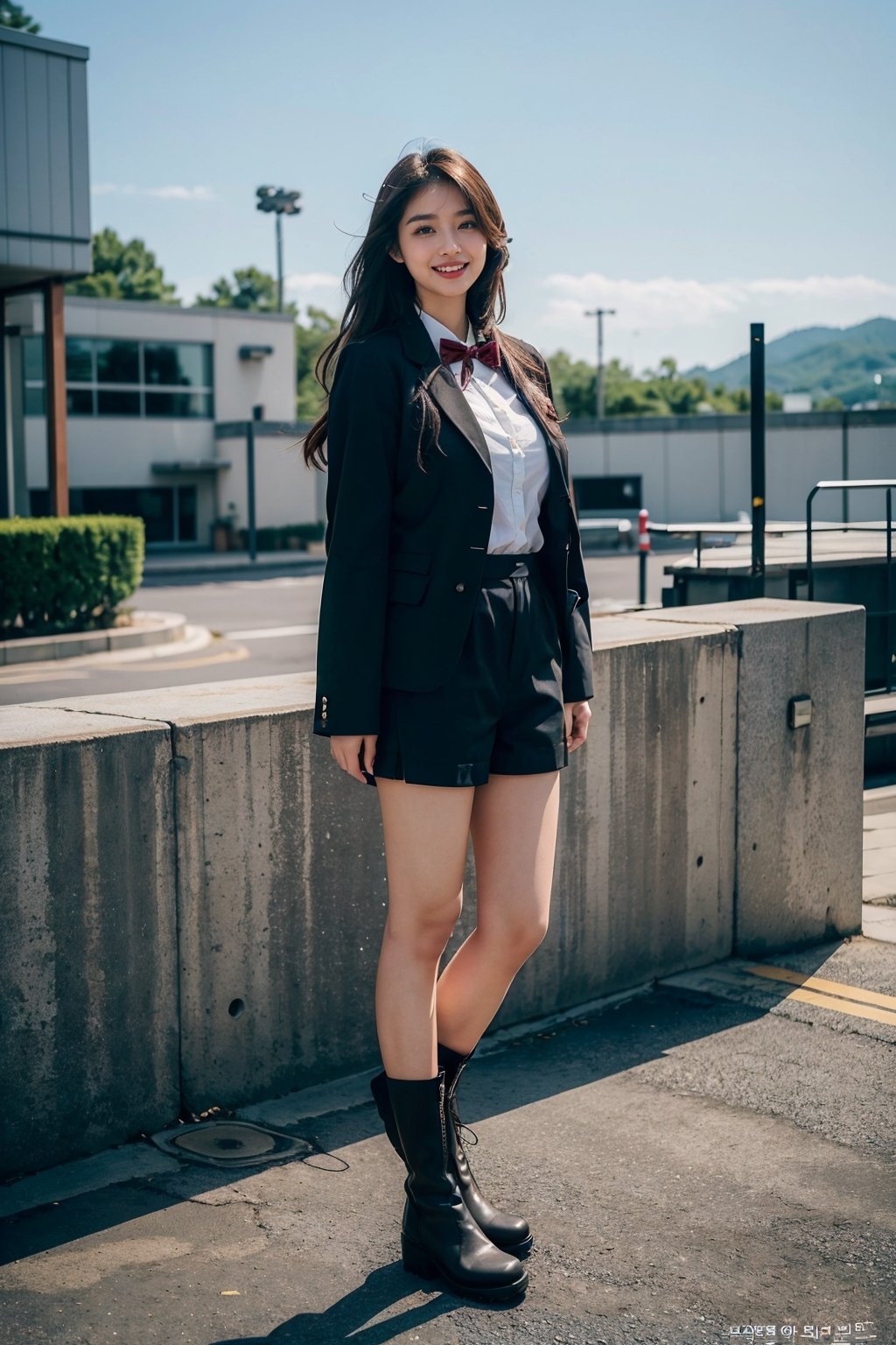 (masterpiece, top quality, best quality,1girls,Korean, beautiful face, smile, long hair, 19 years old, school_uniform, jacket, shorts, boots, hills, full body view, daylight,dream_girl