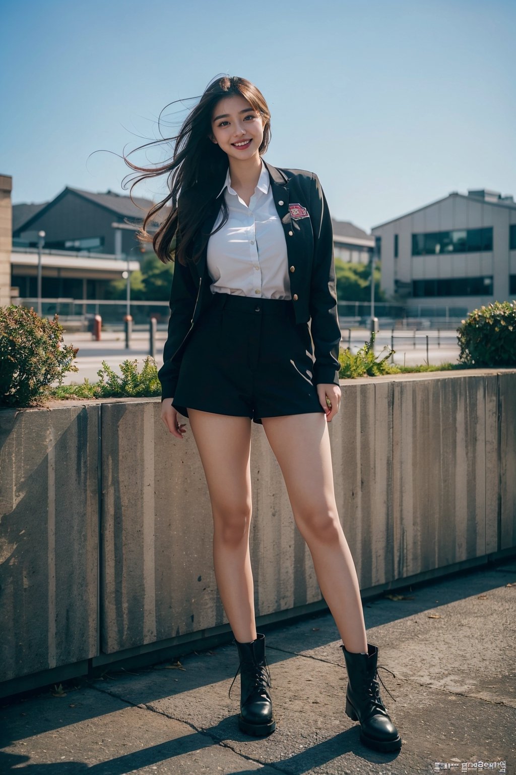 (masterpiece, top quality, best quality,1girls,Korean, beautiful face, smile, long hair, 19 years old, school_uniform, jacket, shorts, boots, hills, full body view, daylight,dream_girl