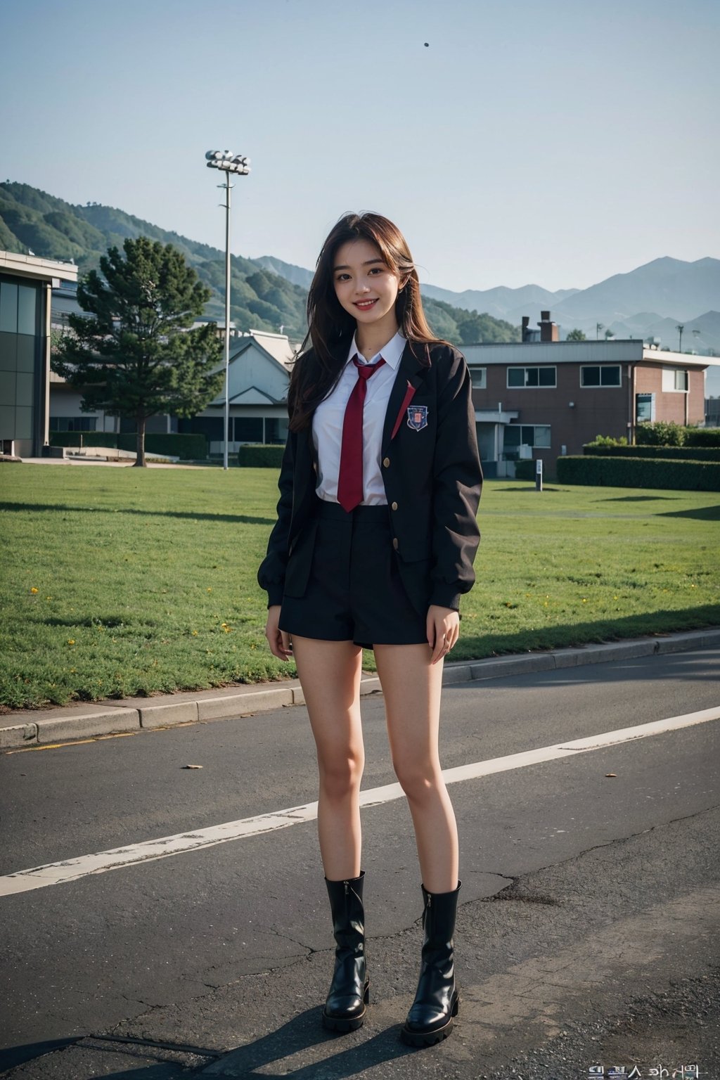 (masterpiece, top quality, best quality,1girls,Korean, beautiful face, smile, long hair, 19 years old, school_uniform, jacket, shorts, boots, hills, full body view, daylight,dream_girl