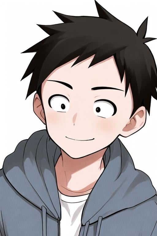 <lora:adultNishikata:0.7>  masterpiece, best quality, solo, short hair, simple background, shirt, black hair, 1boy, sanpaku, dot pupils, smile, white background, closed mouth, white shirt, upper body, male focus, blue hoodie, black eyes, hood down, 