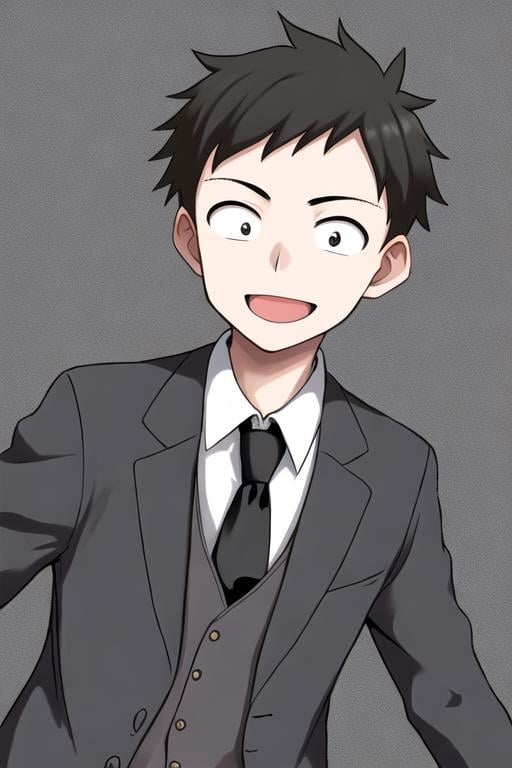 <lora:adultNishikata:0.7>  masterpiece, best quality, solo, short hair, black hair, 1boy, solo, black eyes, sanpaku, dot pupils, smile, open mouth, open mouth, collared shirt, black jacket, black suit, necktie, upper body, simple background, 